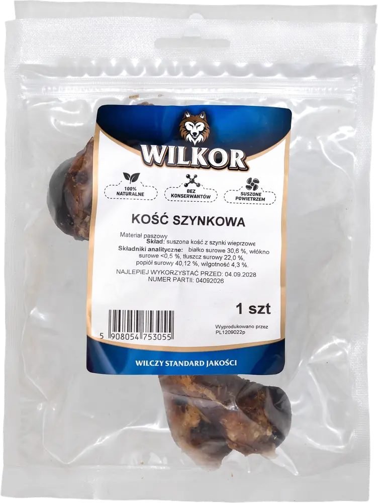 Kość szynkowa WILKOR w opakowaniu, jedna kość suszona powietrzem