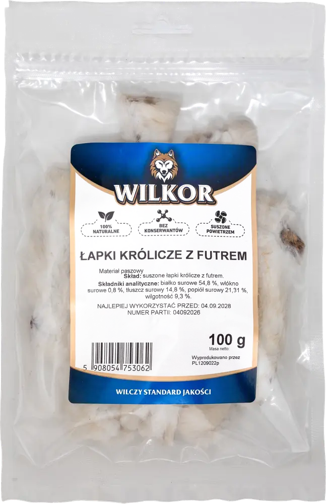 Łapki królicze z futrem, naturalny gryzak dla psa WILKOR