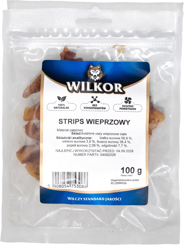 Stripsy wieprzowe, naturalny gryzak dla psa WILKOR